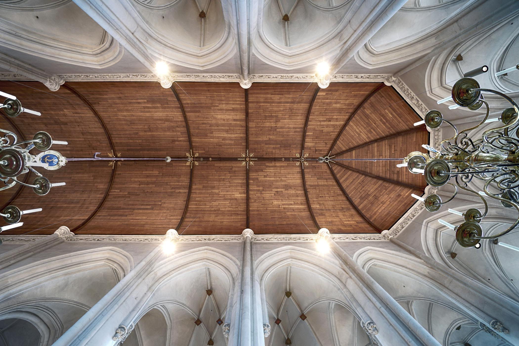 Monumentaal gotisch gewelf met houten kap in de Stevenskerk